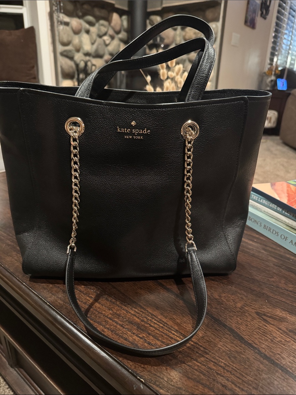 kate spade Black Leather Tote with Gold Chain Handles